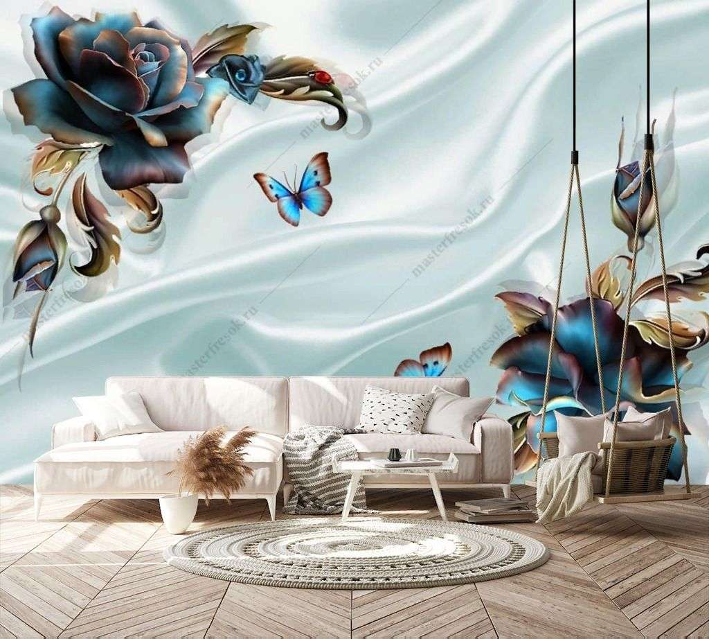 Фотообои в интерьере 3д цветы на атласе  10-907 фото