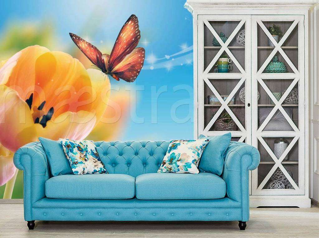 Фотообои Желтые тюльпаны и бабочка  4-095