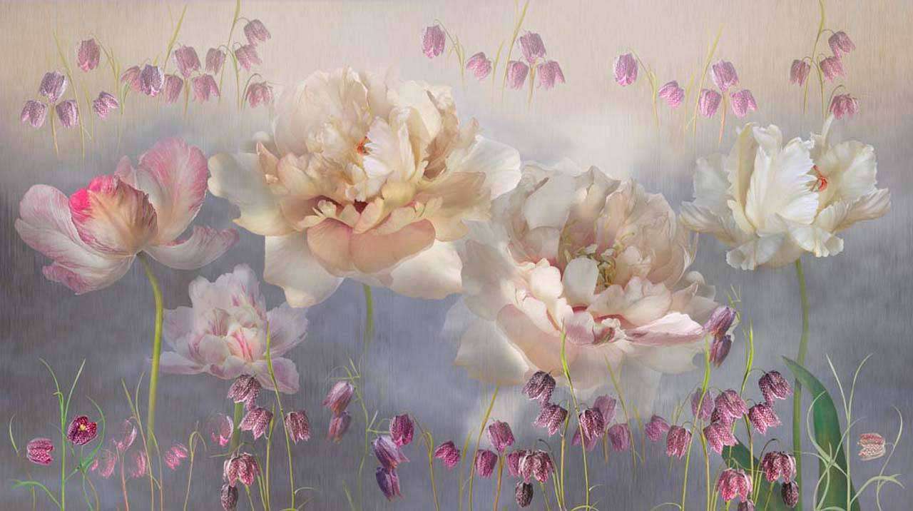 Фотообои в интерьере стереоскопические цветы на сером фоне  7-508 фото