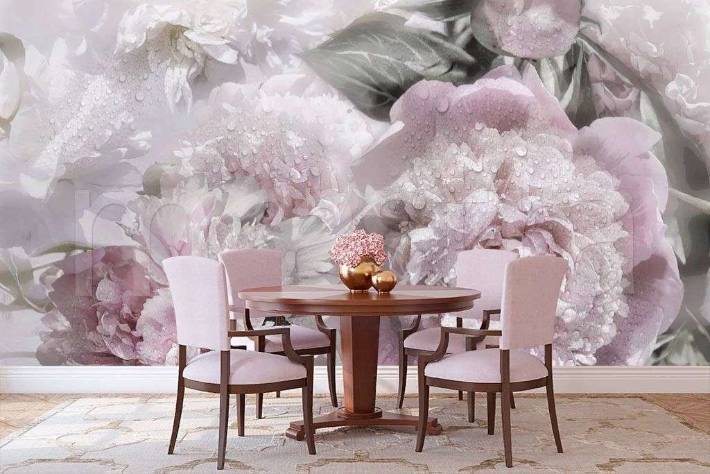 Фотообои в интерьере букет не ярких пионов  7-929 фото