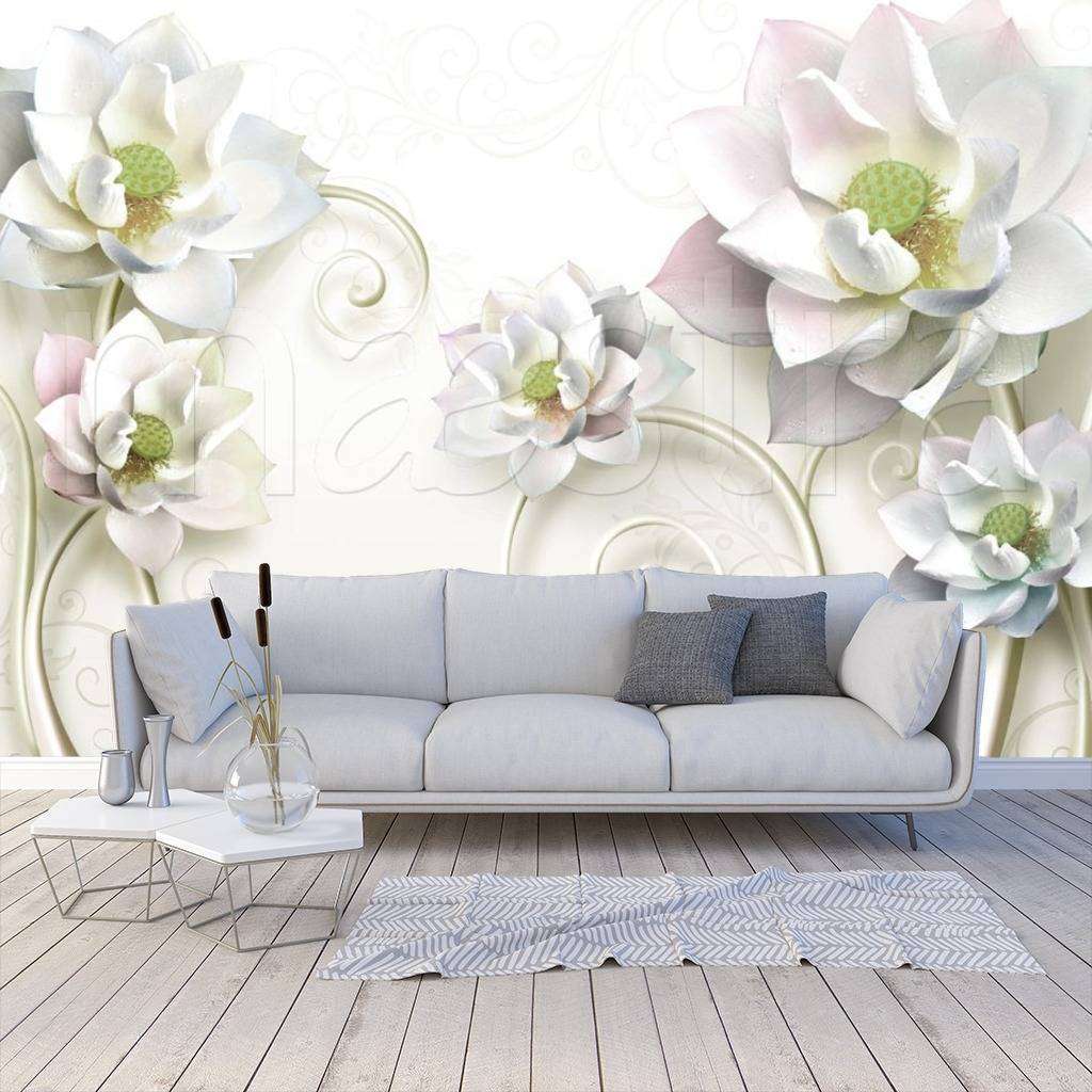 Фотообои 3д цветы на белом фоне с завитками  10-523