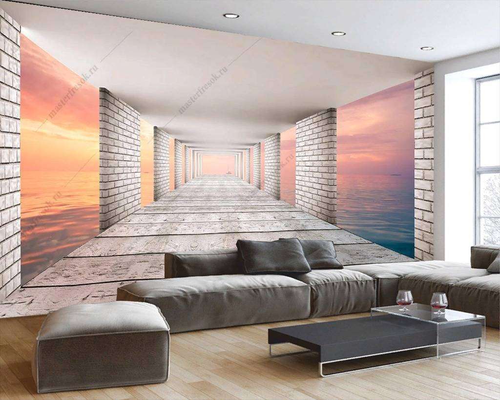 Фотообои в интерьере 3д закат в тоннеле  9-1186 фото