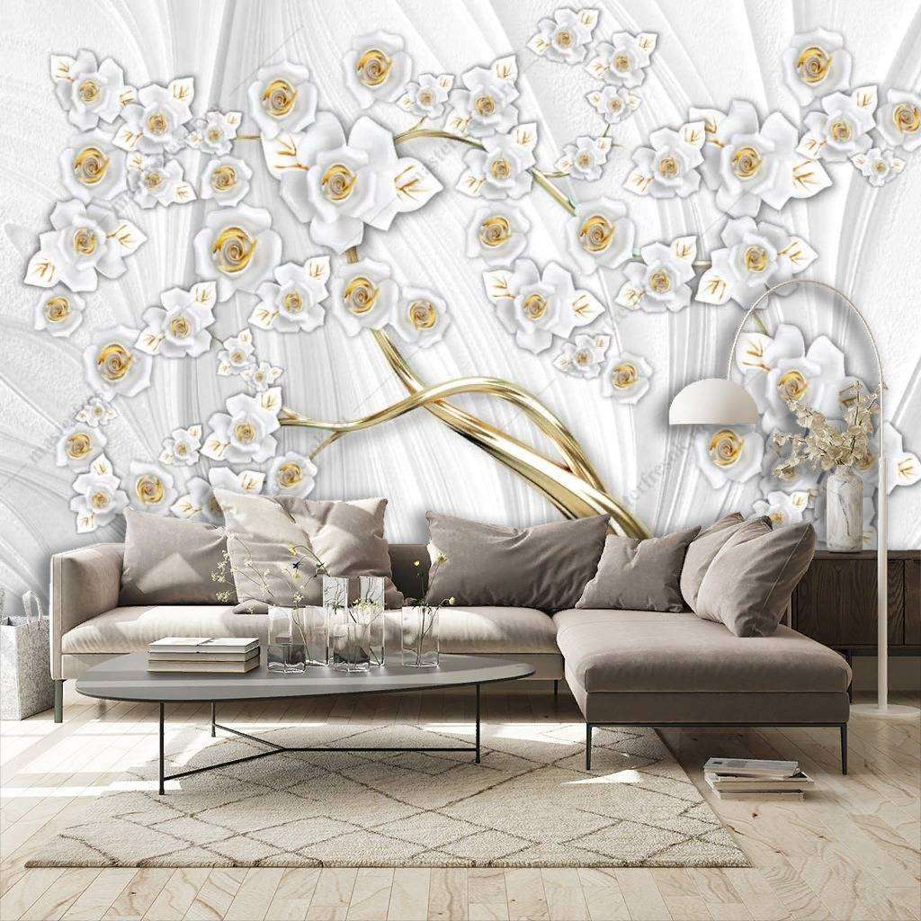 Фотообои в интерьере 3д золотое дерево на белом фоне  10-853 фото