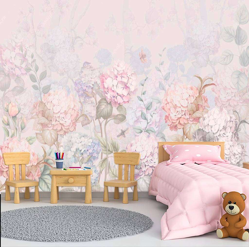 Фотообои в интерьере розовые гортензии  13-110 фото