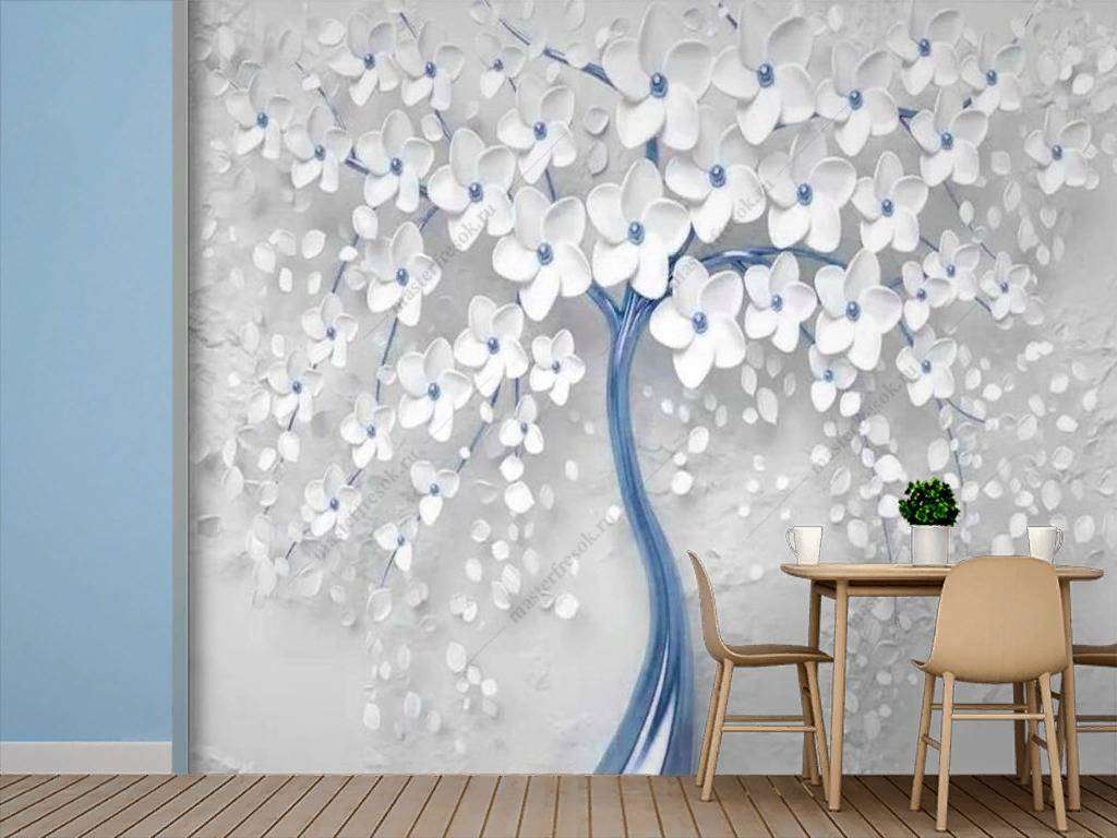 Фотообои в интерьере 3д дерево с золотыми цветами  10-742 фото