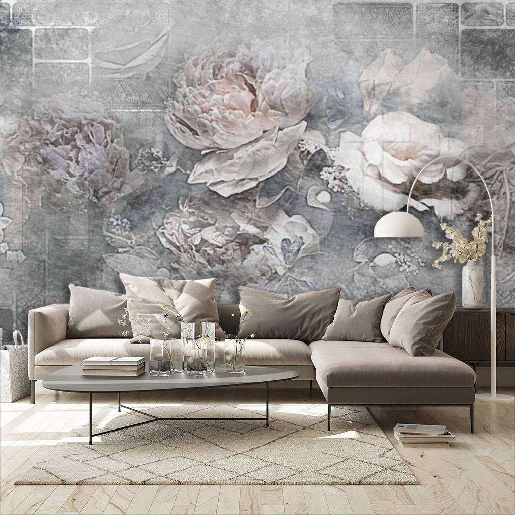 Фотообои в интерьере цветы 3д на сером фоне  7-765 фото