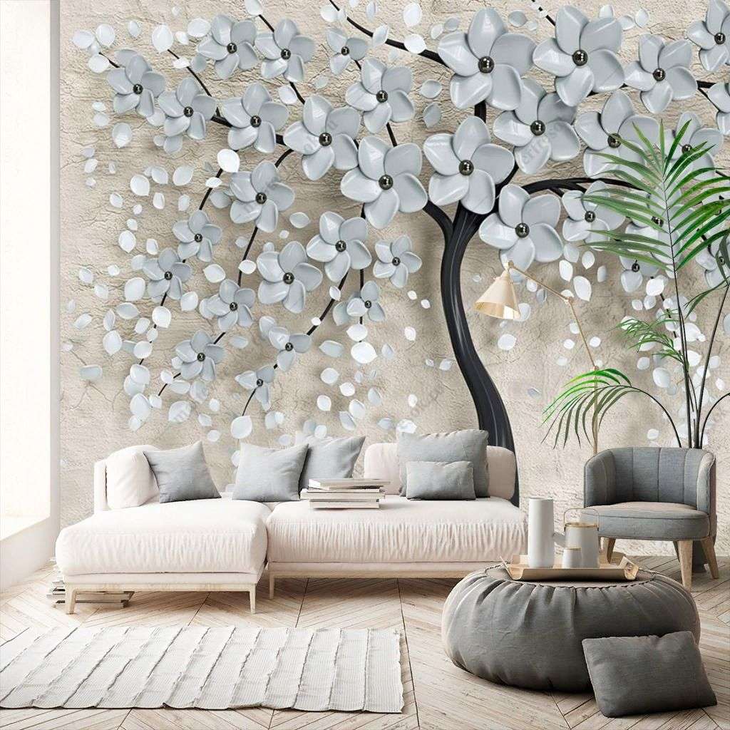 Фотообои в интерьере 3д цветущее белое дерево  10-895 фото
