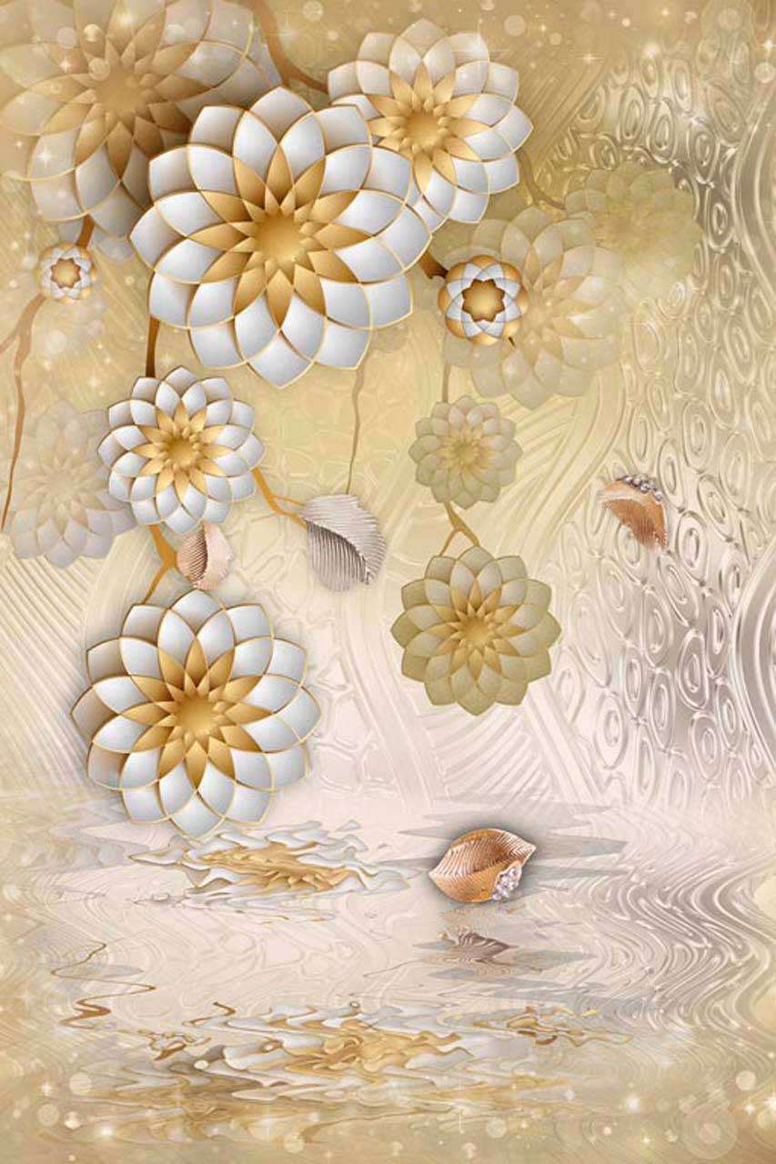 Фотообои в интерьере стереоскопические золотые цветы  7-525 фото