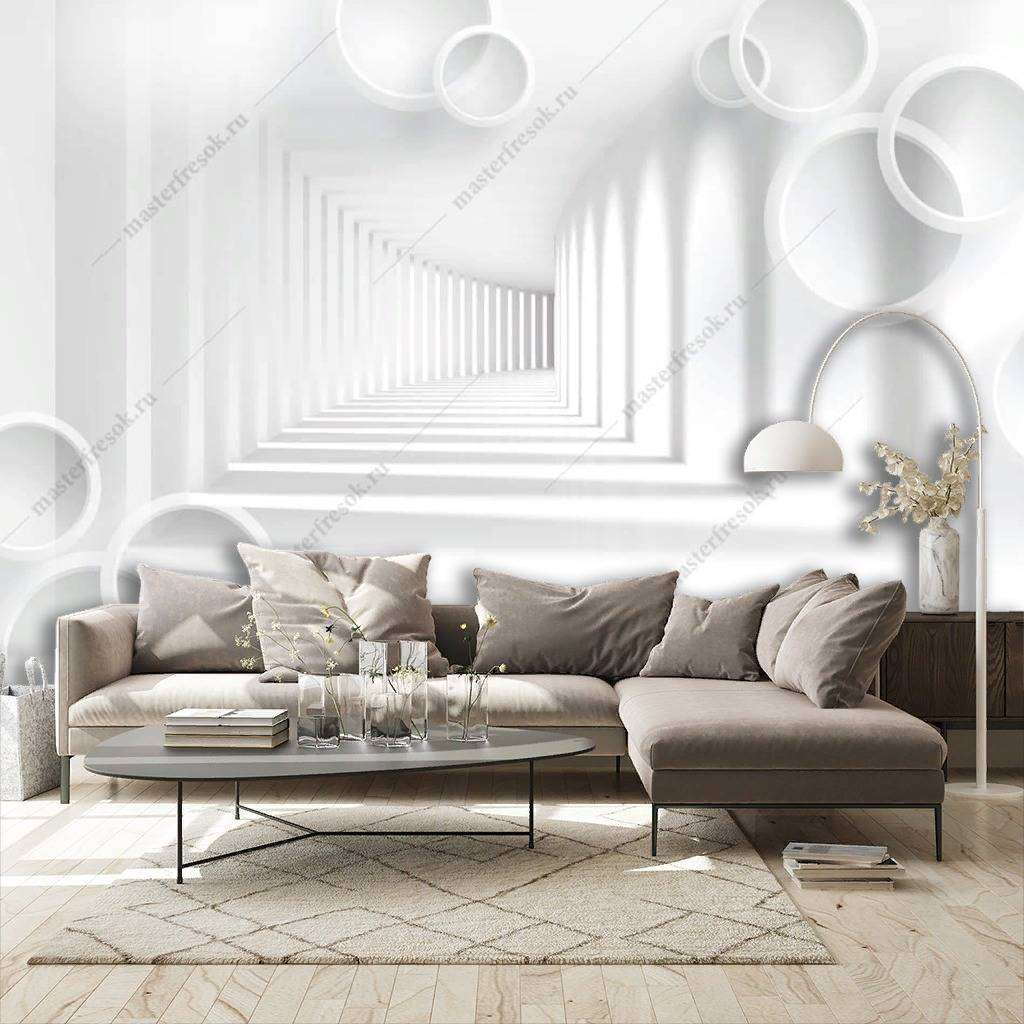 Фотообои в интерьере 3д белый тоннель с кругами  10-839 фото