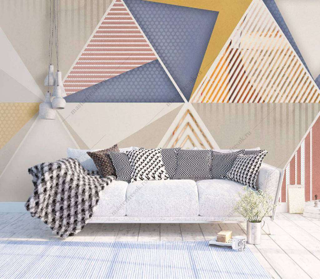 Фотообои в интерьере разноцветные треугольники  15-811 фото