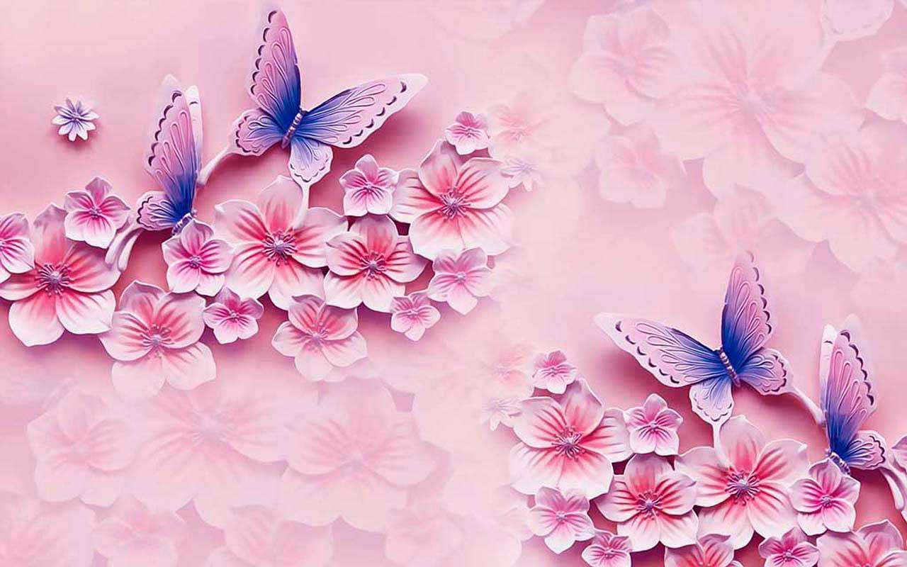 Фотообои в интерьере 3д цветы с бабочками  10-446 фото