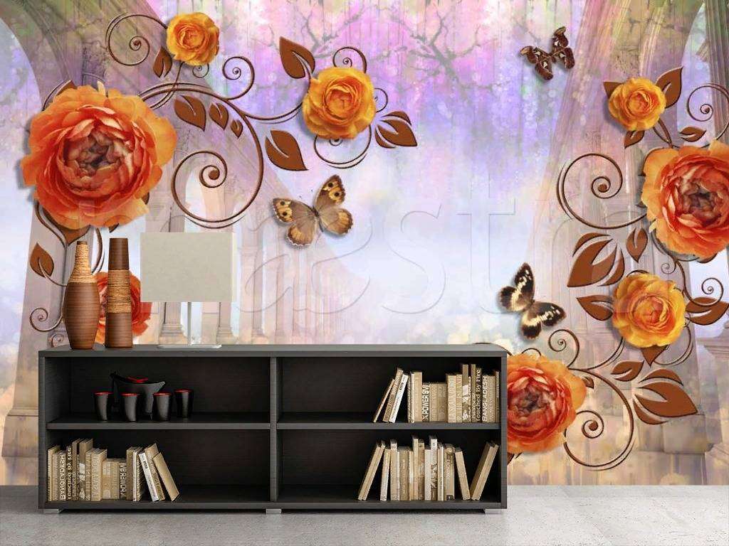 Фотообои в интерьере 3д с цветами и бабочками  7-487 фото