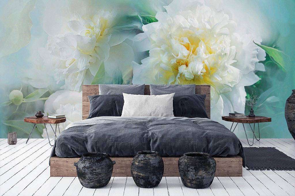 Фотообои в интерьере пион 3д в дымке  13-240 фото