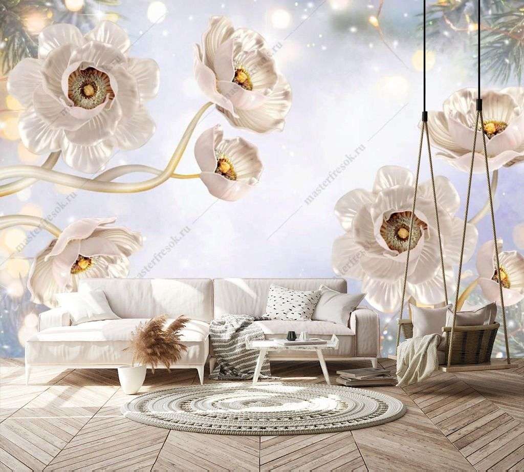 Фотообои в интерьере 3д цветы на зимнем фоне  10-921 фото
