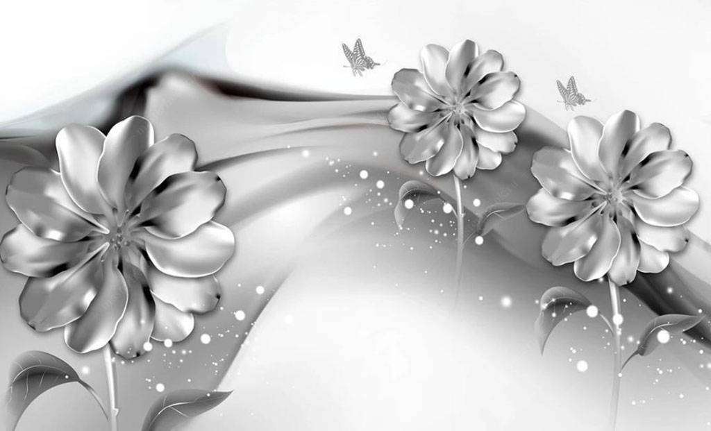 Фотообои в интерьере 3д цветы серебро  15-715 фото