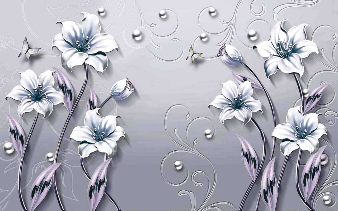Фотообои в интерьере 3д цветы на сером фоне с бусинами  10-518 фото