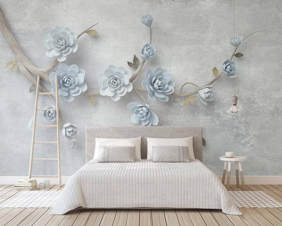 Фотообои 3д ветка с голубыми цветами  15-369