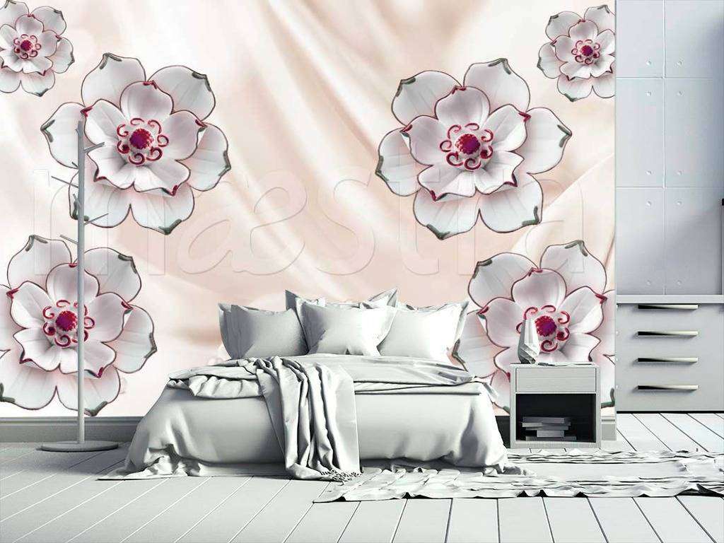 Фотообои в интерьере стереоскопические 3д цветы на ткани белые керамические  10-458 фото