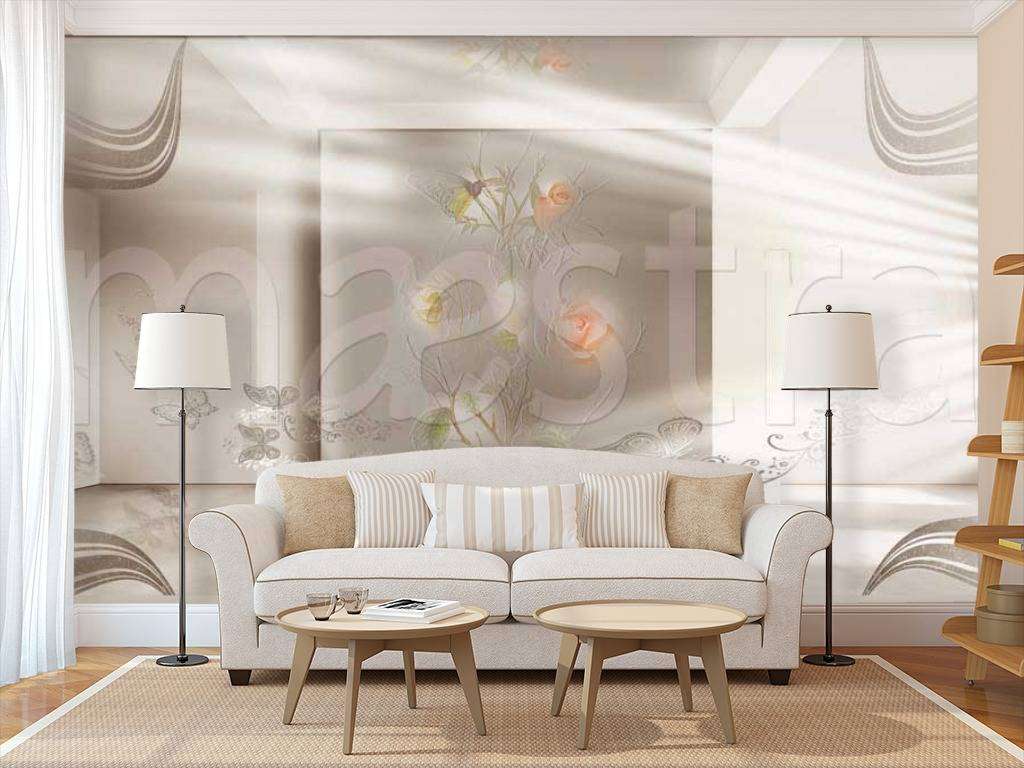 Фотообои 3д бабочки и цветы на сером фоне  7-269