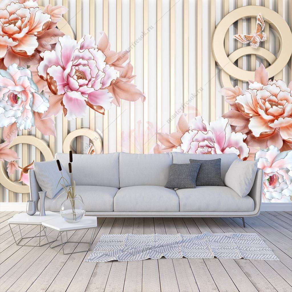 Фотообои в интерьере 3д розы на полосатом фоне  10-670 фото