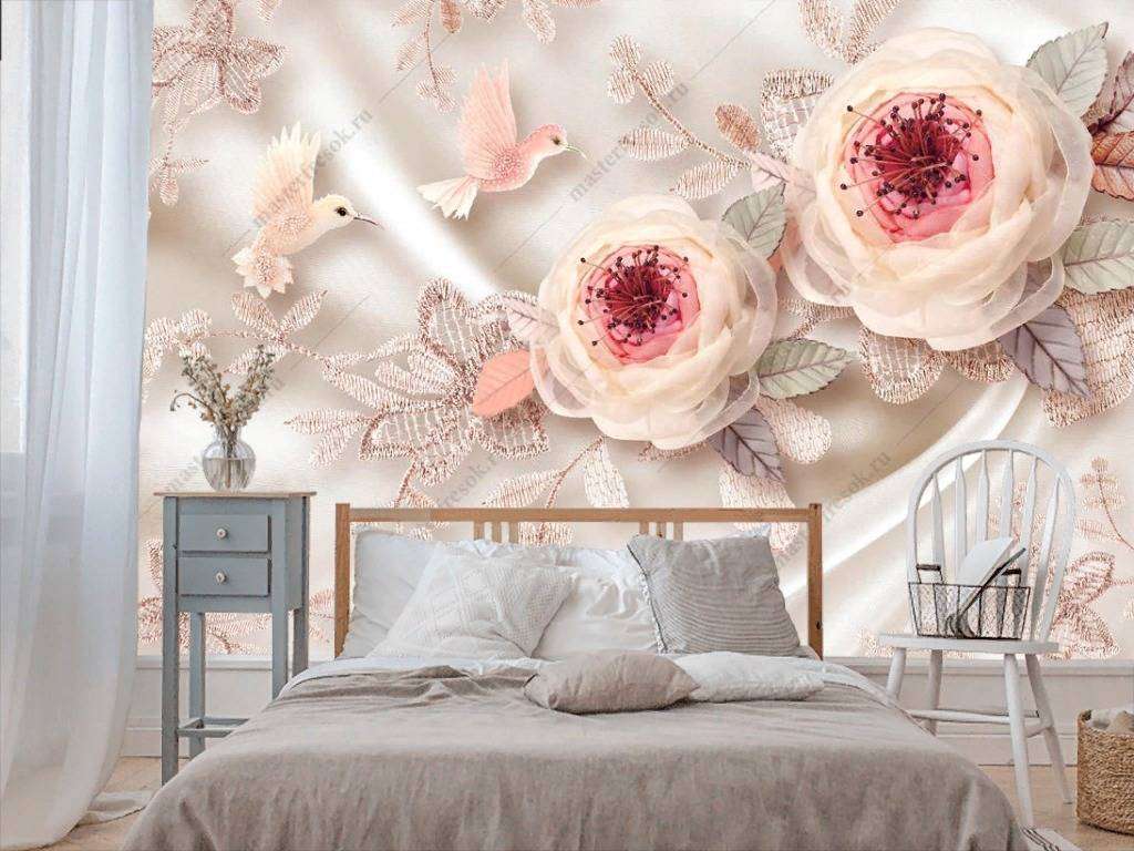 Фотообои в интерьере 3d розы и птицы  10-847 фото