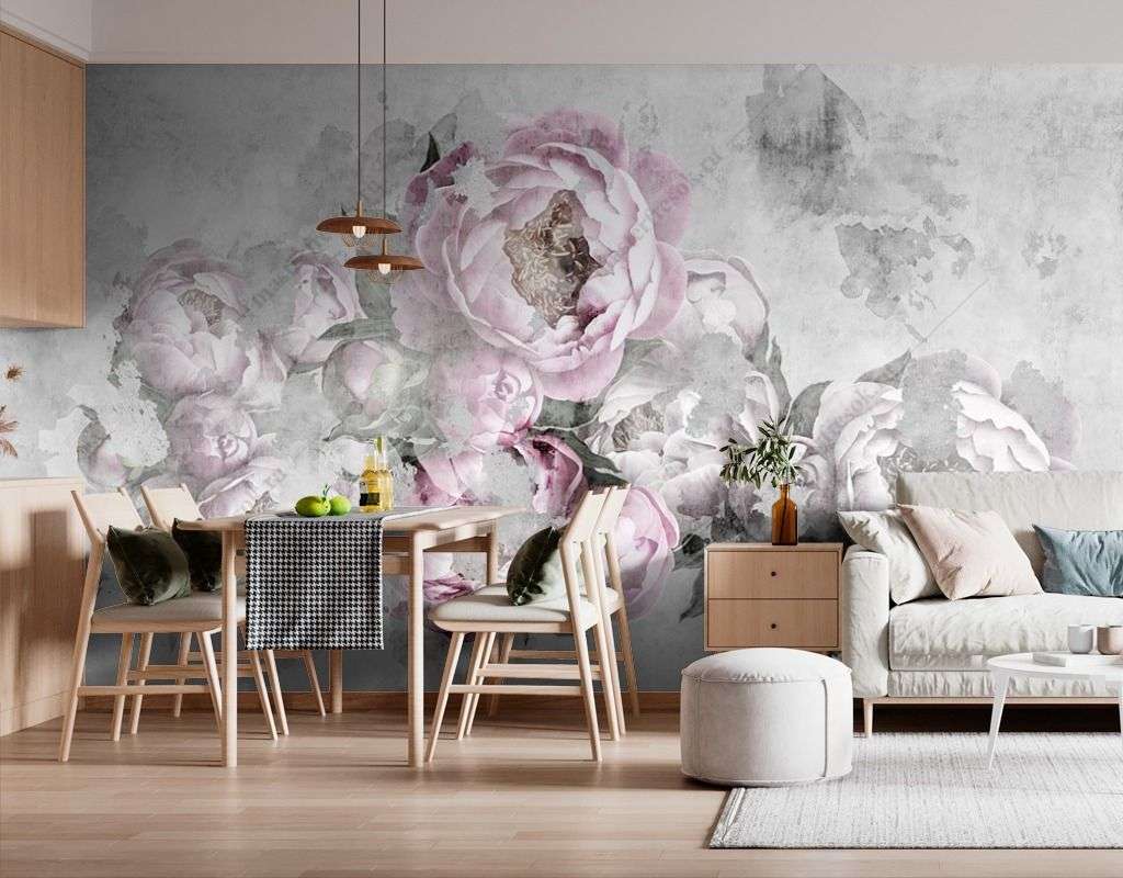 Фотообои в интерьере пионы на сером фоне  9-1605 фото