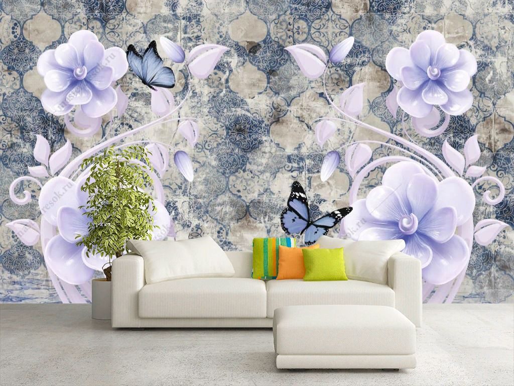 Фотообои 3д Цветы на синем фоне  10-909