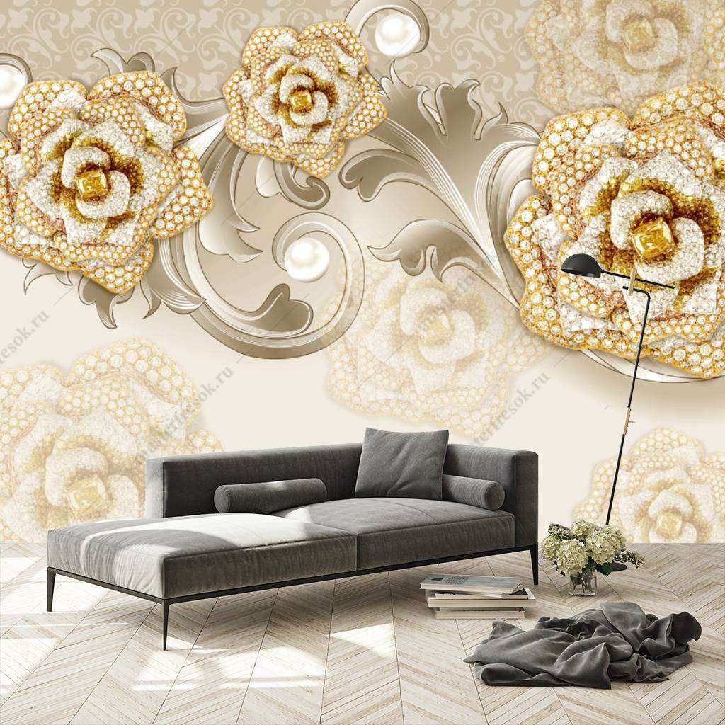 Фотообои Бесшовные обои на стену:  3д золотые розы. Артикул: 10-642  