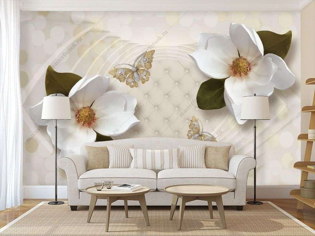Фотообои в интерьере 3д большие белые цветы  10-923 фото