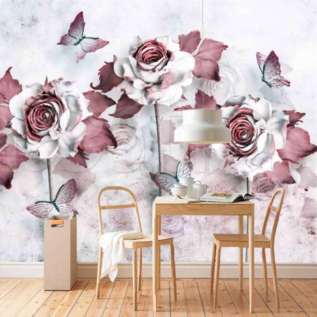 Фотообои 3д розы с бабочками на длинном стебле  10-495