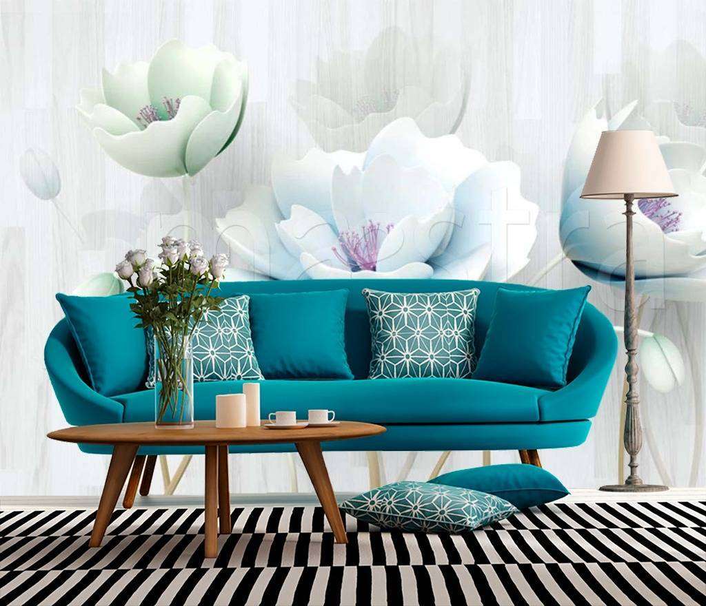 Фотообои в интерьере 3д трехмерные рельефные голубые цветы  15-024 фото