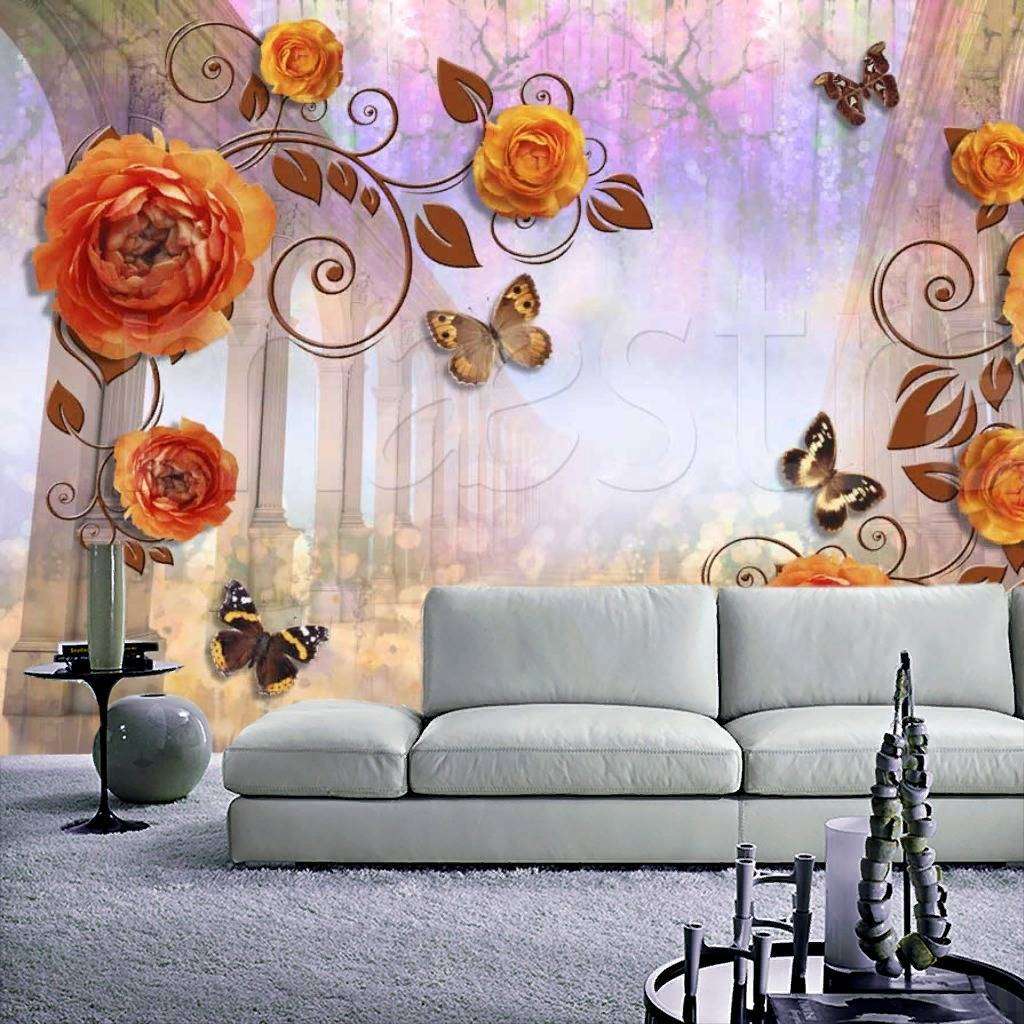 Фотообои в интерьере 3д с цветами и бабочками  7-487 фото