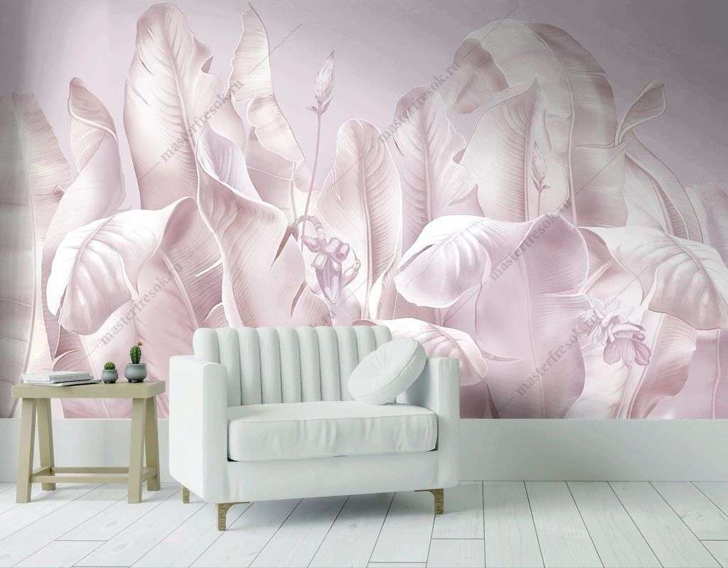 Фотообои в интерьере листья банановые розовые  13-564 фото
