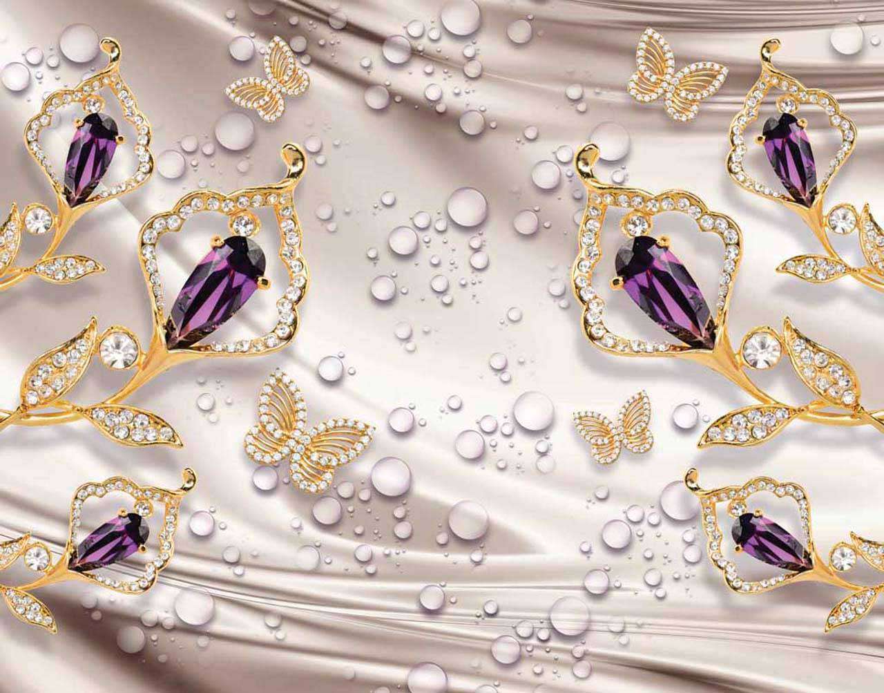 Фотообои в интерьере стереоскопические 3д капли и цветы на фоне шелка  10-459 фото