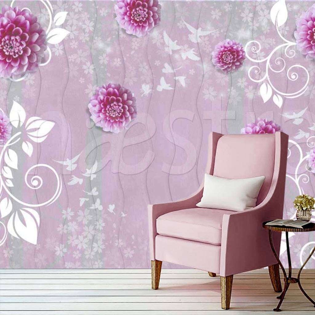 Фотообои в интерьере стереоскопические розовые цветы на фоне 3д  7-467 фото