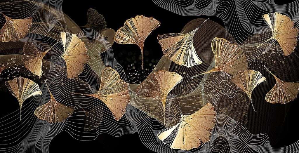 Фотообои в интерьере золотые листья и нити  9-1436 фото