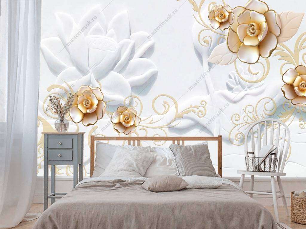 Фотообои в интерьере 3д фарфоровые золотые цветы  10-630 фото