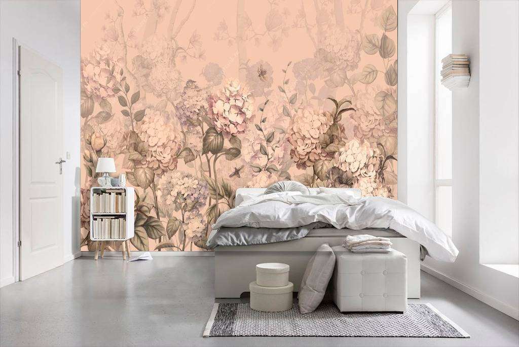 Фотообои в интерьере бежевые гортензии  13-114 фото