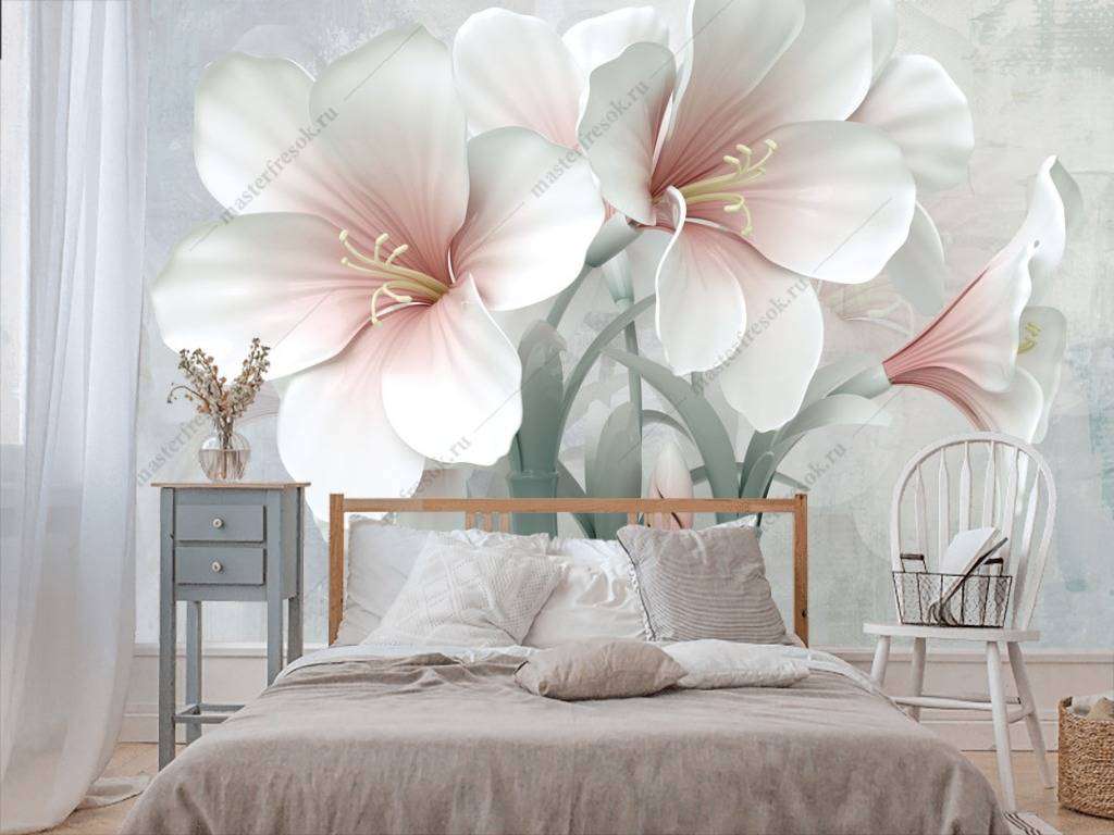 Фотообои в интерьере 3д цветы белые  10-646 фото