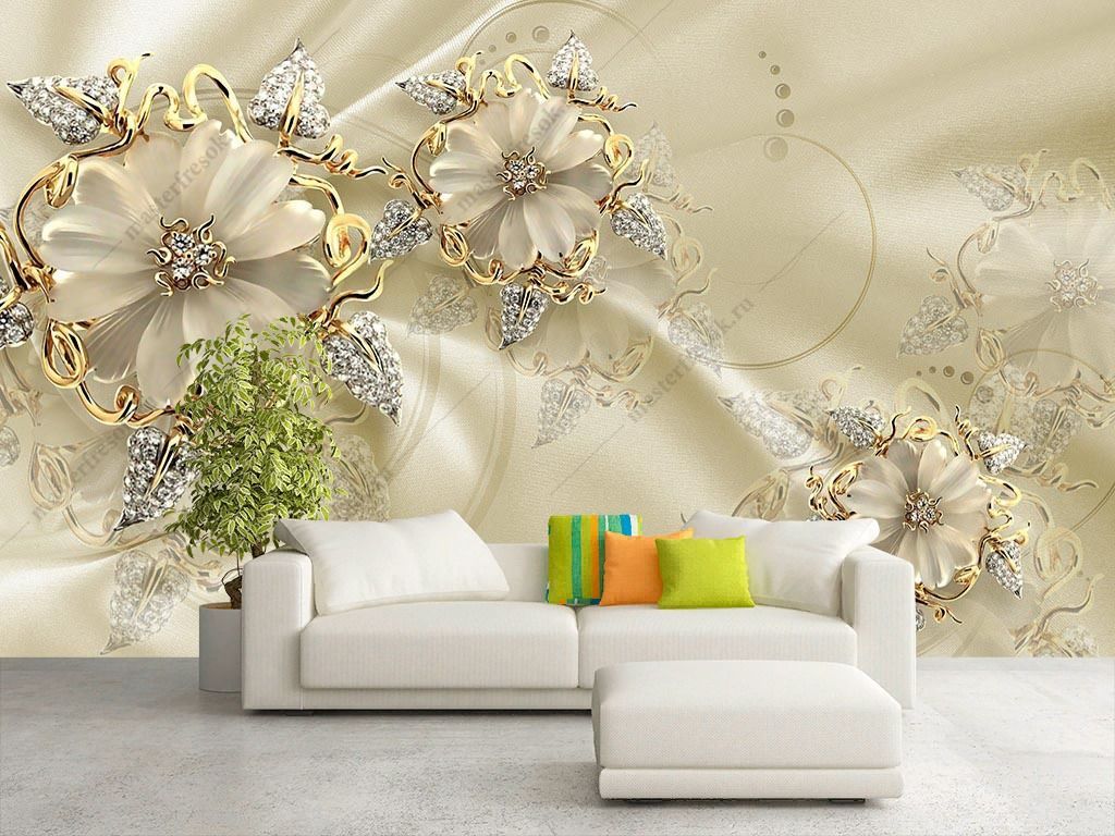 Фотообои 3д Золотые цветы на шелке  10-930