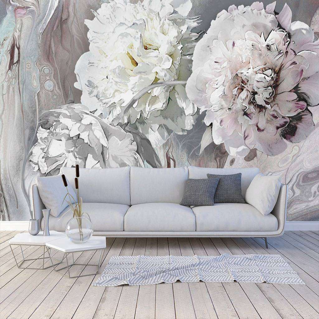 Фотообои в интерьере пионы 3д серые  13-230 фото