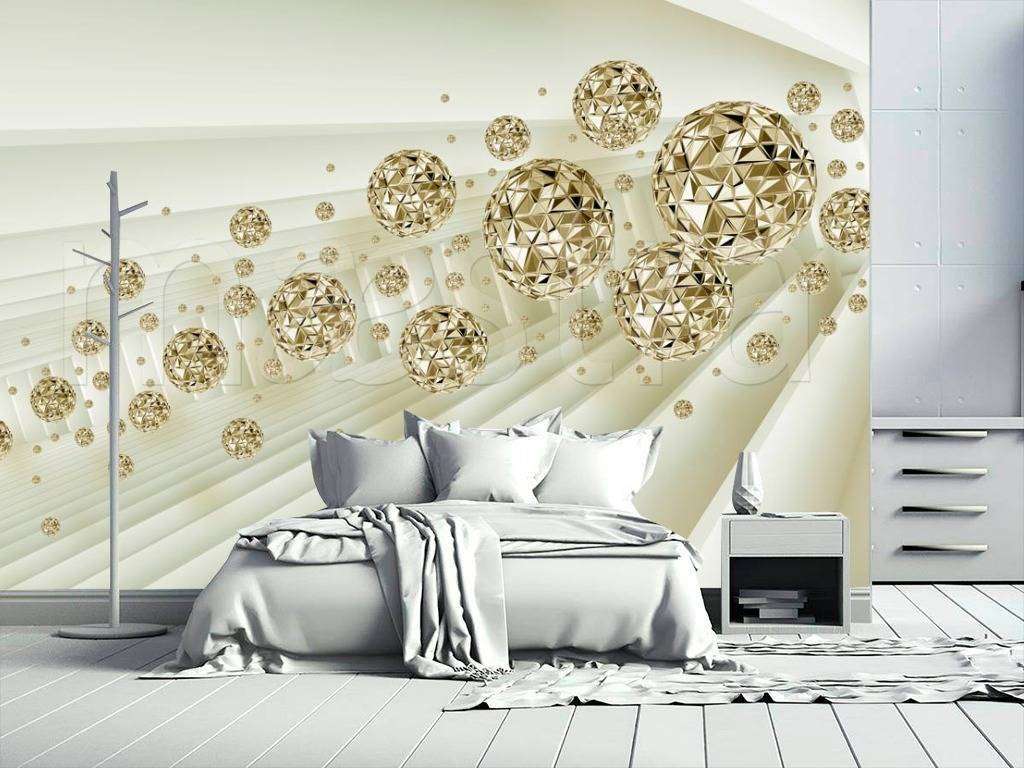Фотообои в интерьере золотые 3д шары в полёте  10-538 фото