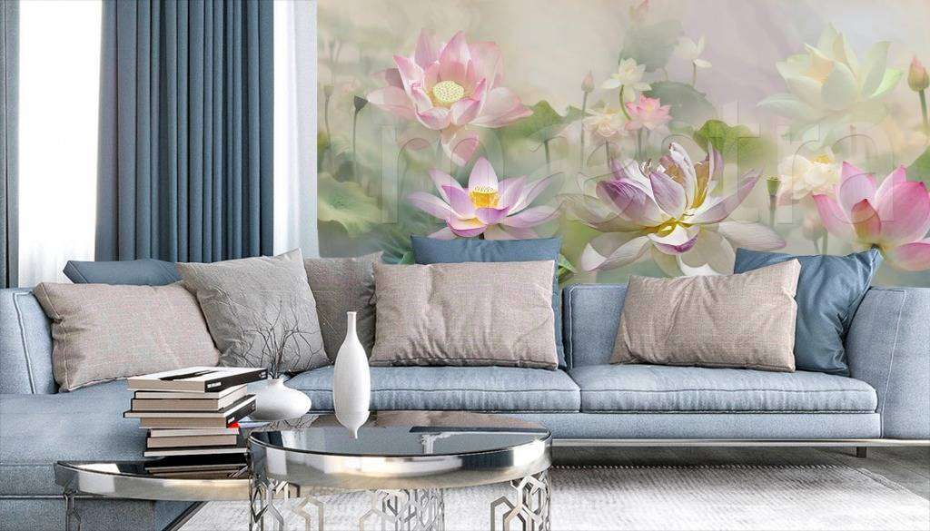 Фотообои в интерьере 3д розовые кувшинки  7-511 фото