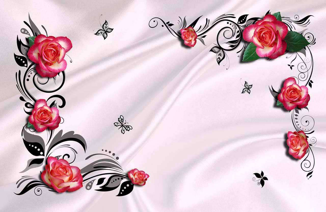 Фотообои в интерьере стереоскопические красные розы на шелке с черным орнаментом  7-470 фото