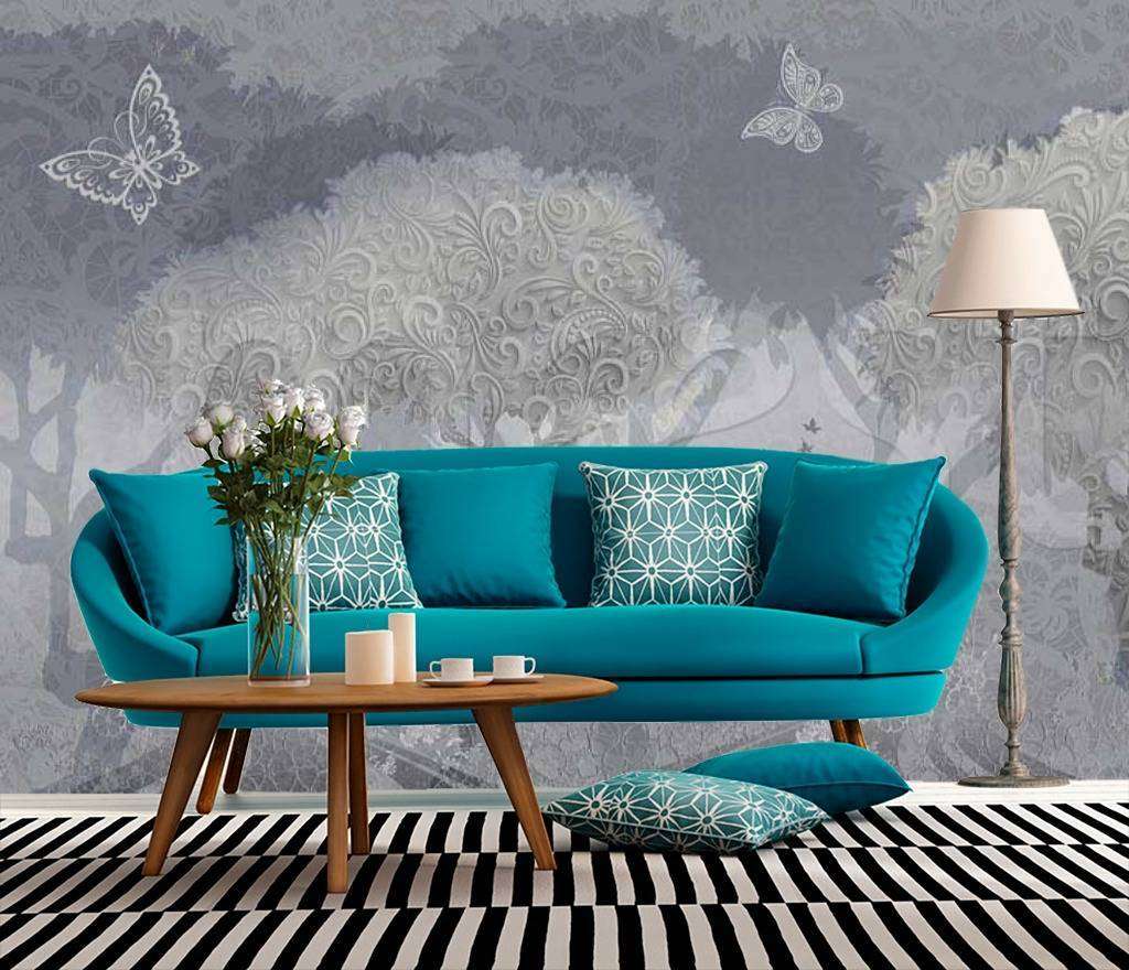 Фотообои в интерьере лес в тумане с бабочками  7-262 фото