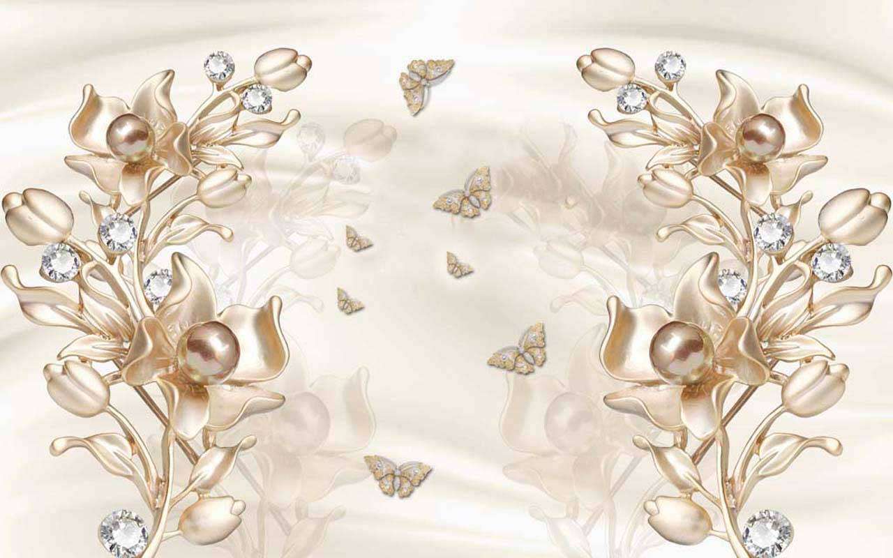 Фотообои в интерьере 3д объемные цветы с бусинами  10-512 фото