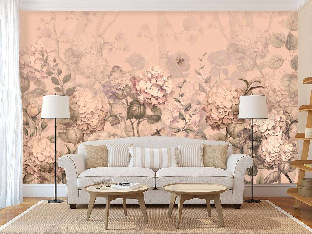 Фотообои в интерьере бежевые гортензии  13-114 фото