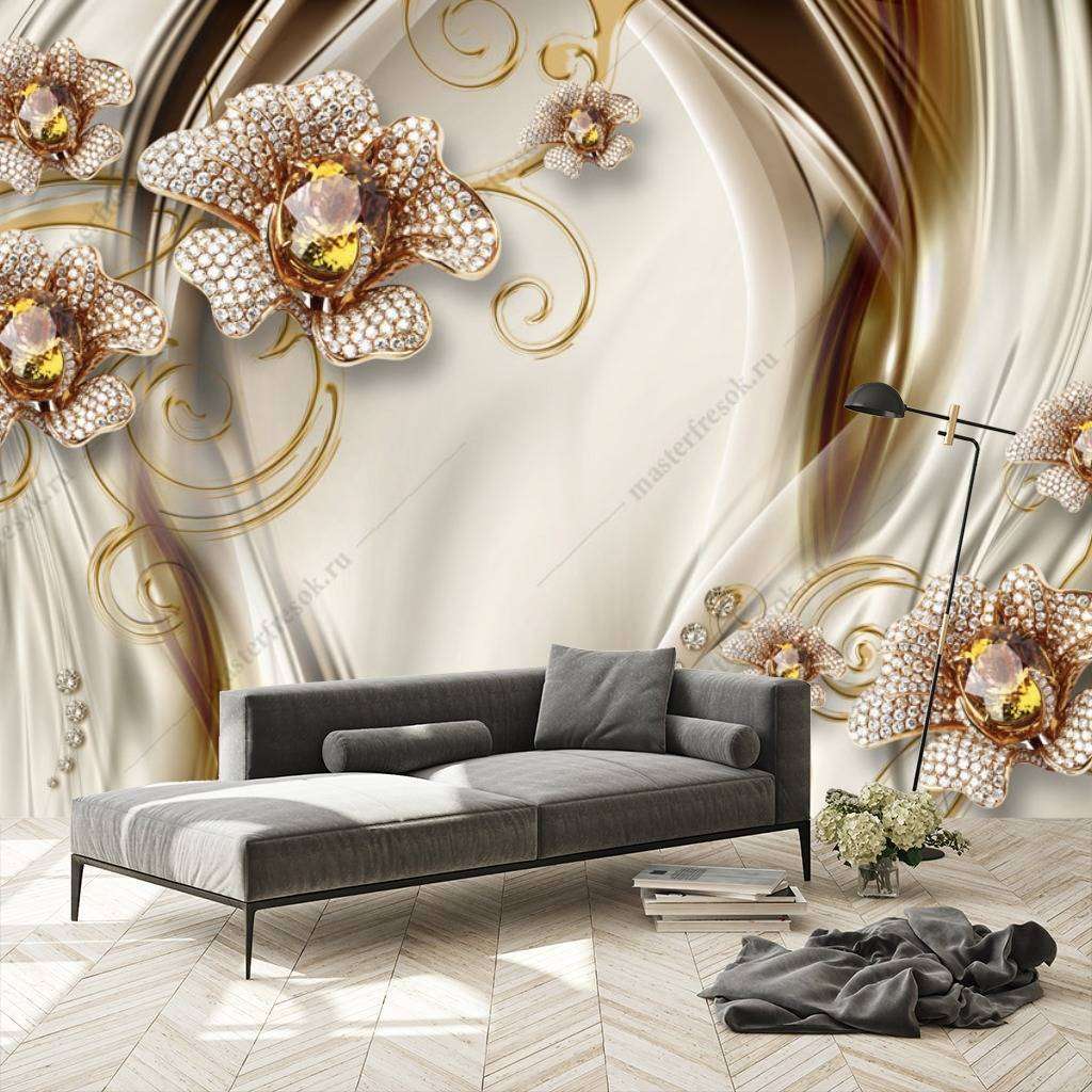 Фотообои Бесшовные обои на стену:  3д золотые цветы. Артикул: 10-672  