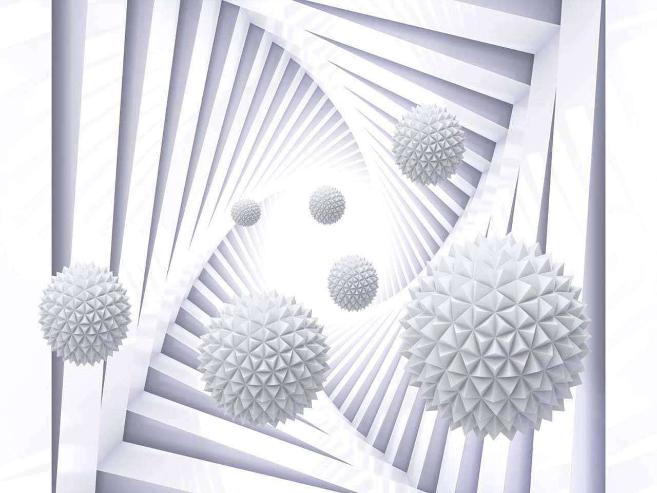 Фотообои в интерьере 3д шары среди бело-серых полос  10-517 фото