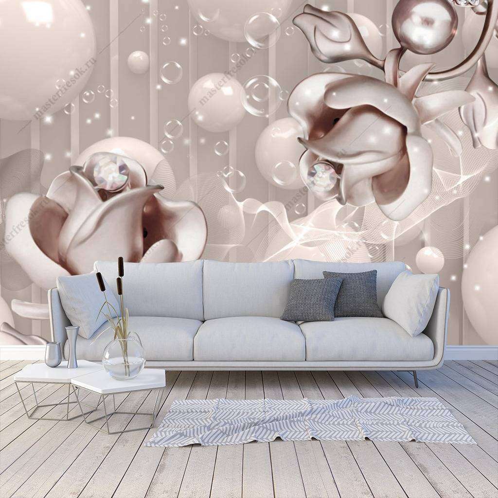 Фотообои в интерьере 3д платиновые цветы  10-652 фото